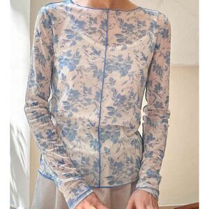 SHEIN Blue Floral Sheer Mesh Blouse Size‎ Small